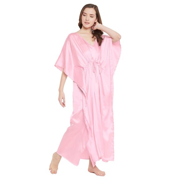 Women's Pink Satin Night Dress Kimono Kaftan Solid Caftan Cover up Maxi Dresses - Picture 7 of 10